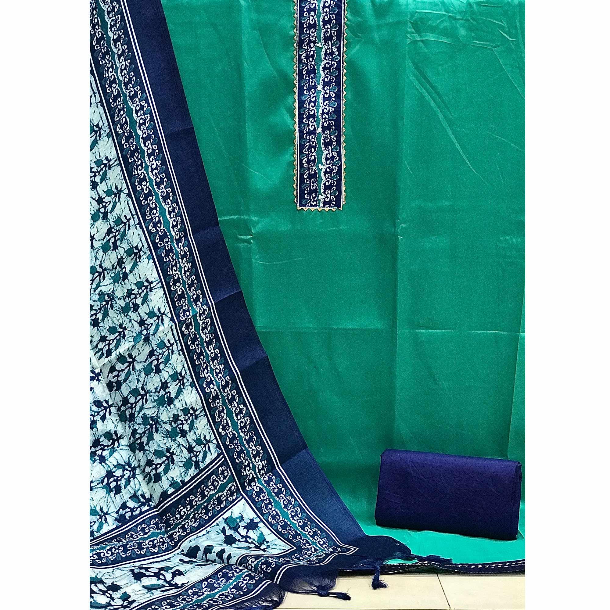 Green Batik Printed Art Silk Dress Material - Peachmode
