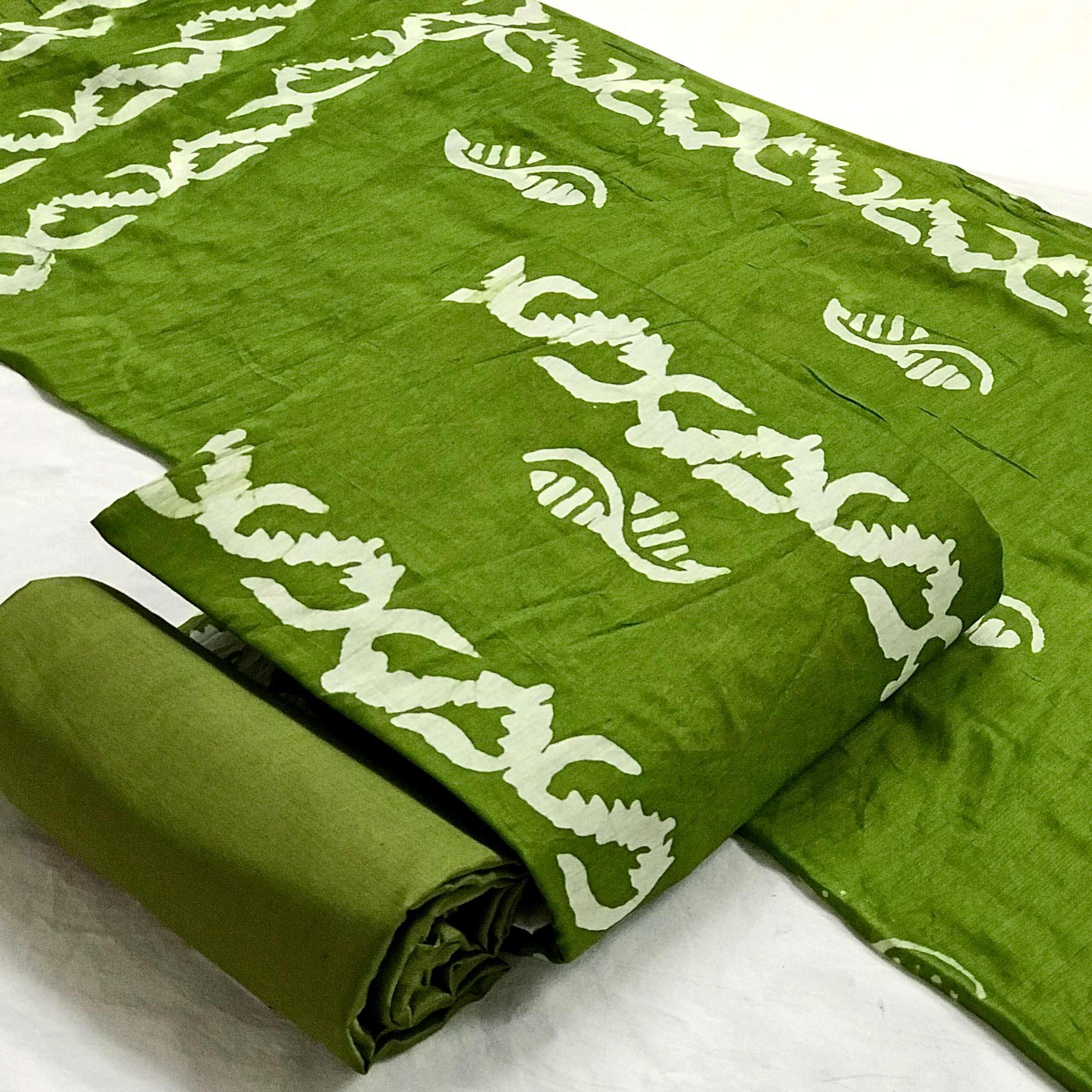 Green Batik Printed Chanderi Dress Material - Peachmode