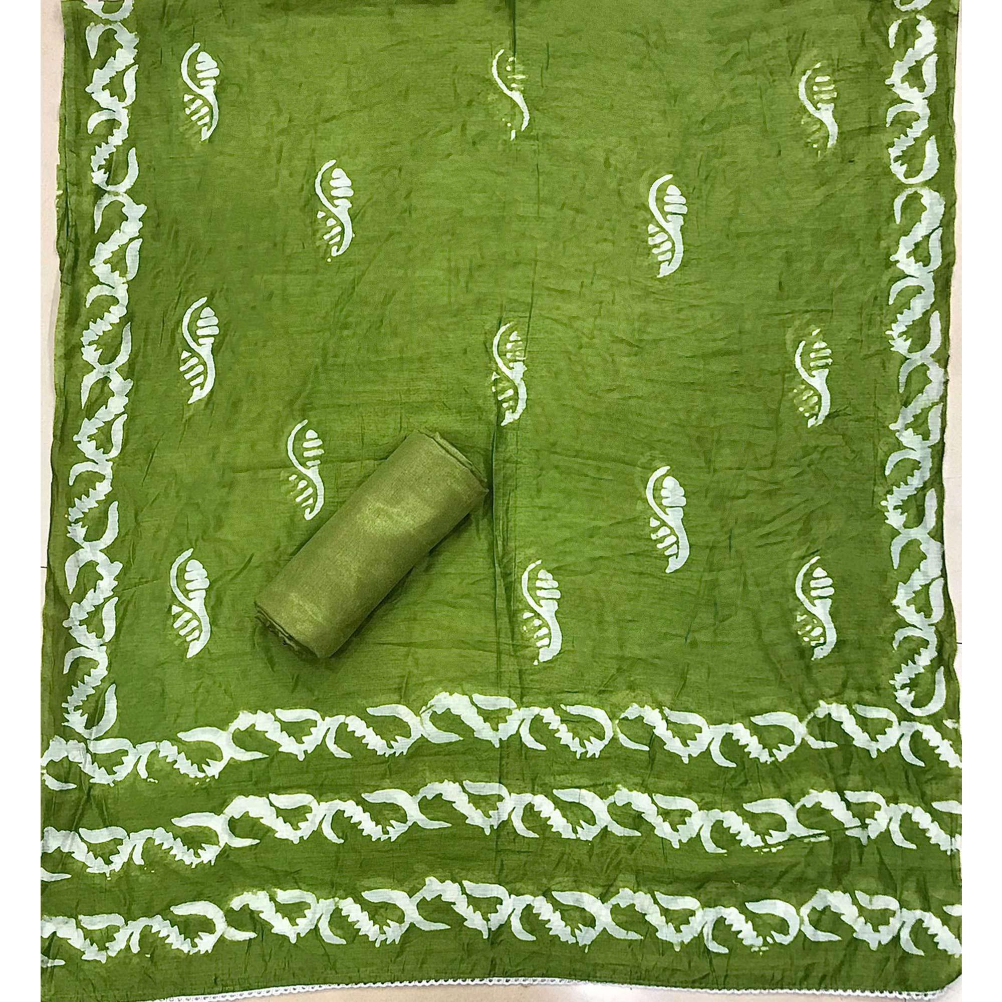 Green Batik Printed Chanderi Dress Material - Peachmode