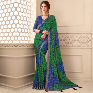 Green-Blue Casual Wear Bandhani Printed Chiffon Saree With Tassels - Peachmode