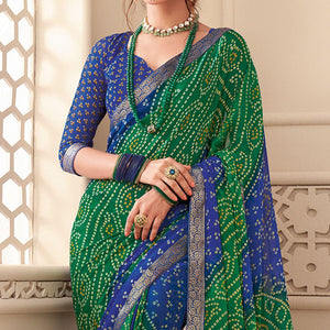 Green-Blue Casual Wear Bandhani Printed Chiffon Saree With Tassels - Peachmode