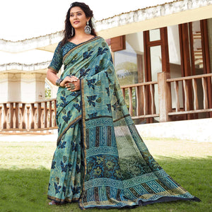 Green - Blue Casual Wear Printed Cotton Saree - Peachmode