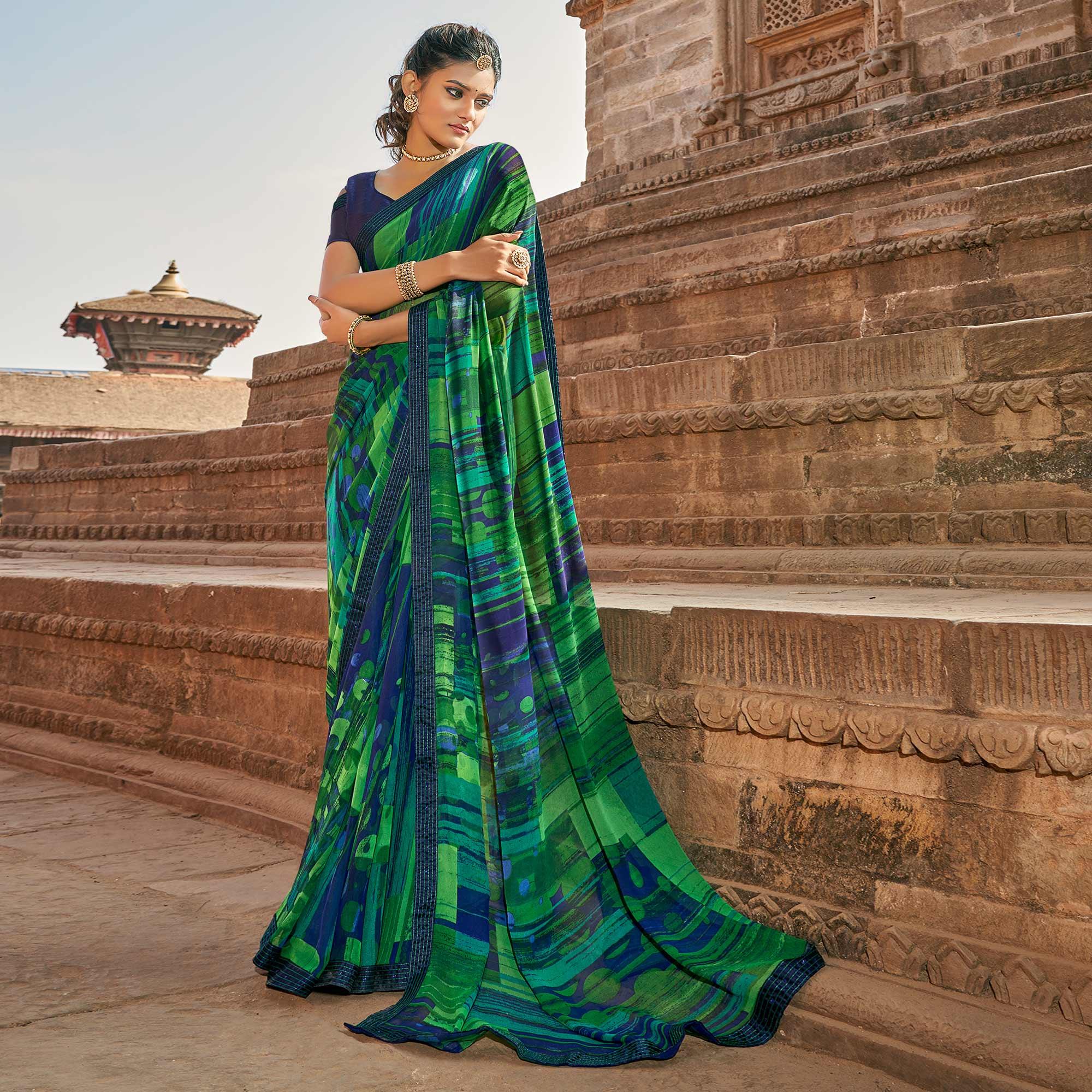 Green-Blue Casual Wear Printed Georgette Saree With Fancy Lace - Peachmode
