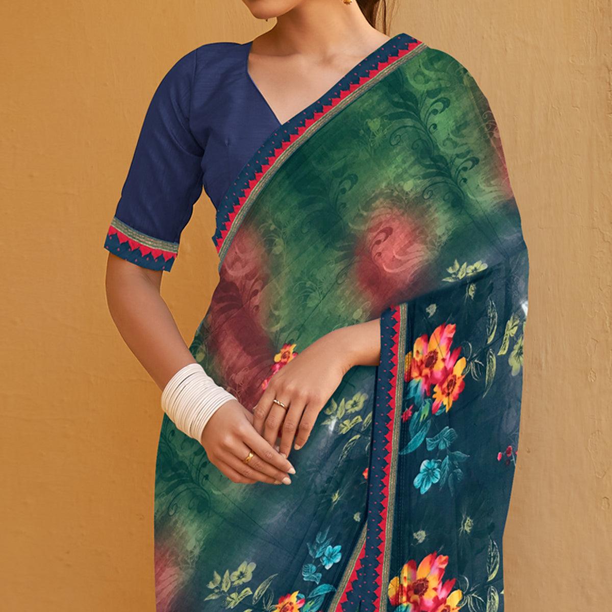 Green-Blue Printed Georgette Saree - Peachmode