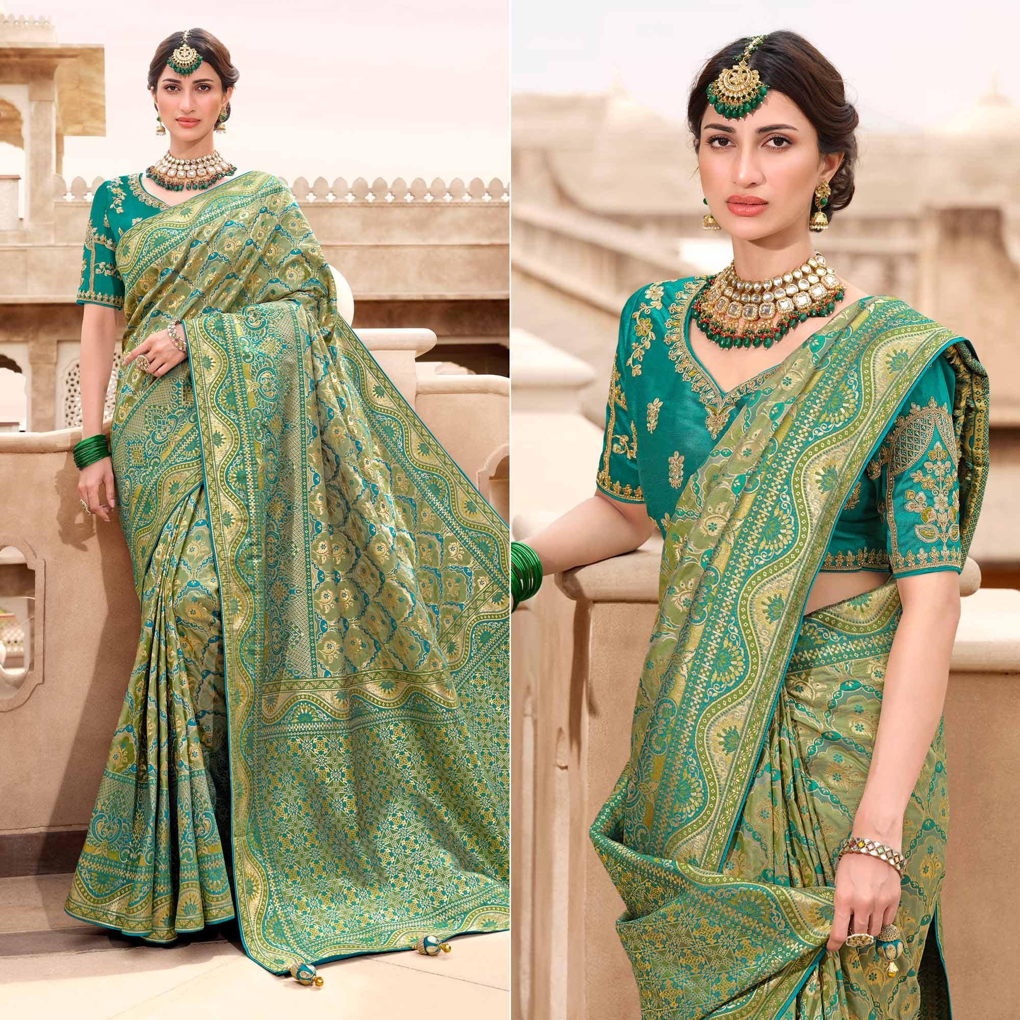 Green-Blue Woven Banarasi Silk Saree With Tassels - Peachmode