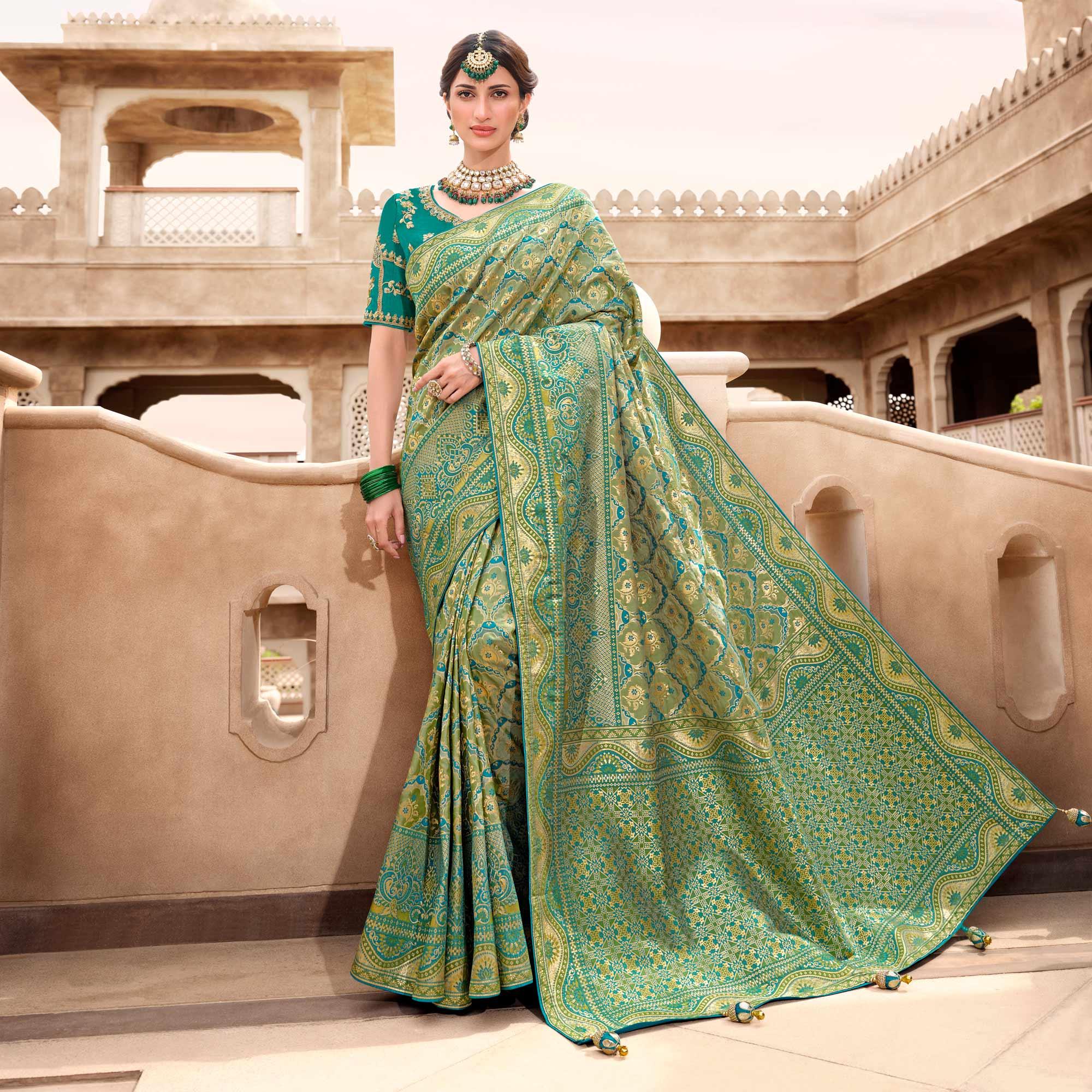 Green-Blue Woven Banarasi Silk Saree With Tassels - Peachmode