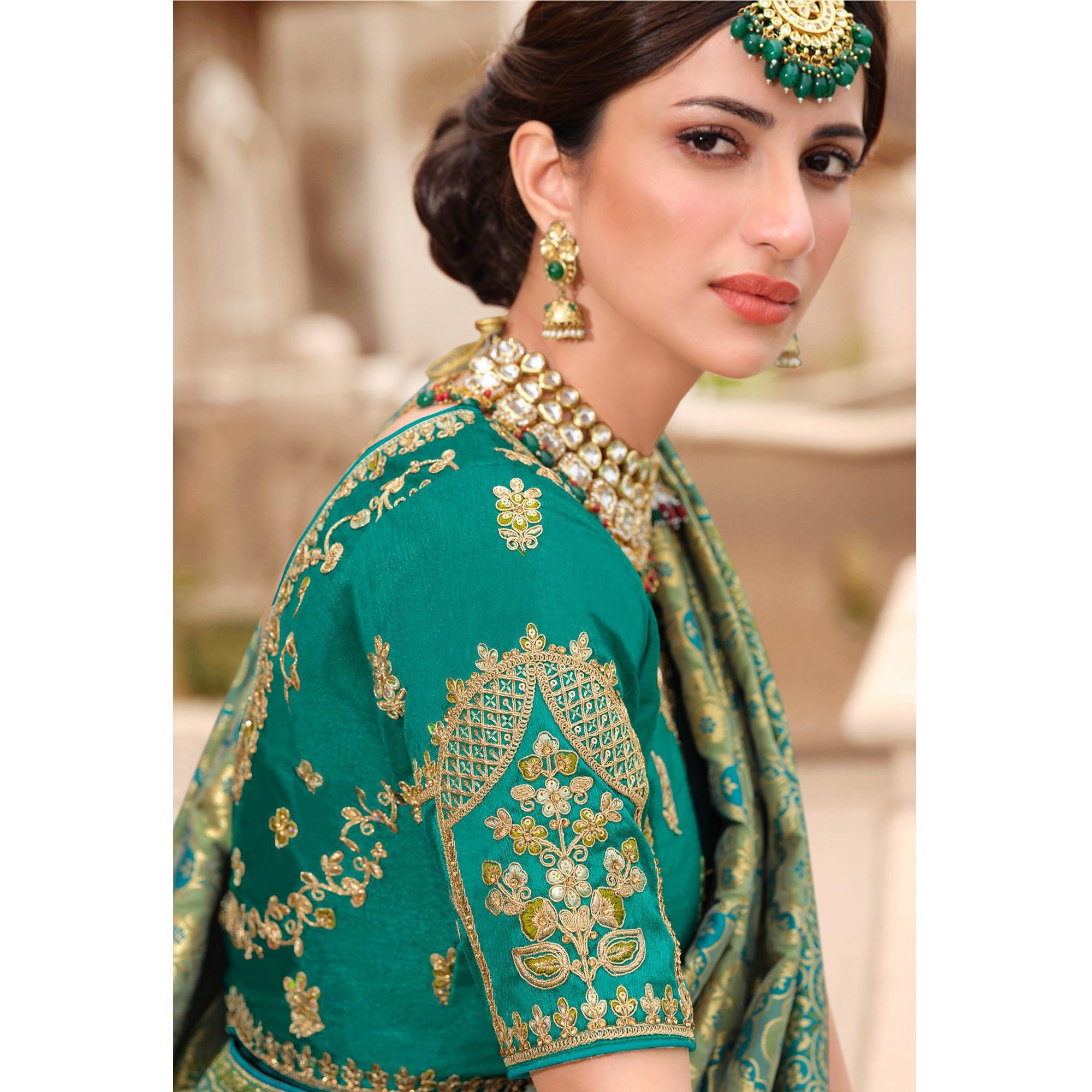 Green-Blue Woven Banarasi Silk Saree With Tassels - Peachmode