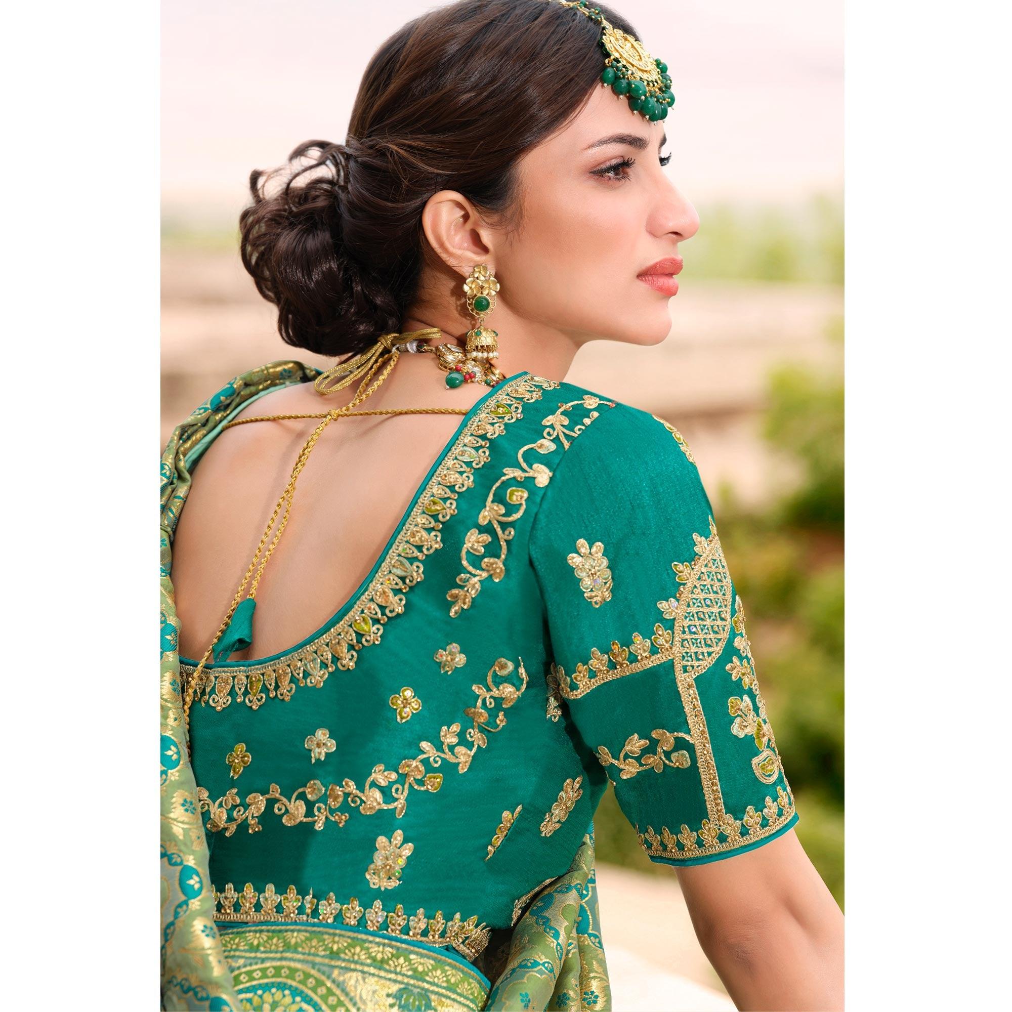 Green-Blue Woven Banarasi Silk Saree With Tassels - Peachmode