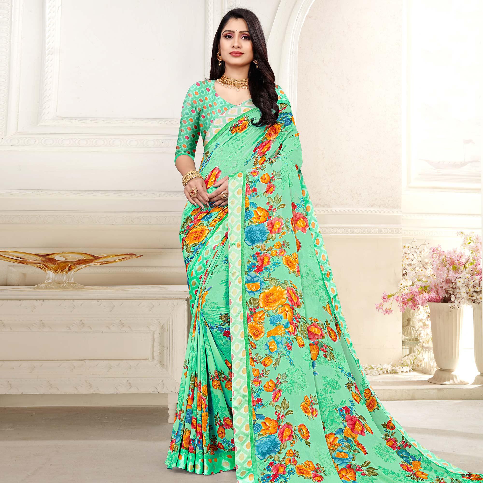 Green Casaul Wear Floral Printed Georgette Saree With Satin Lace - Peachmode