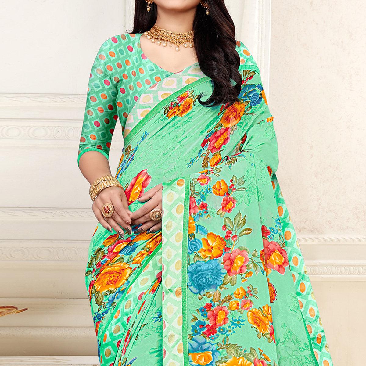 Green Casaul Wear Floral Printed Georgette Saree With Satin Lace - Peachmode