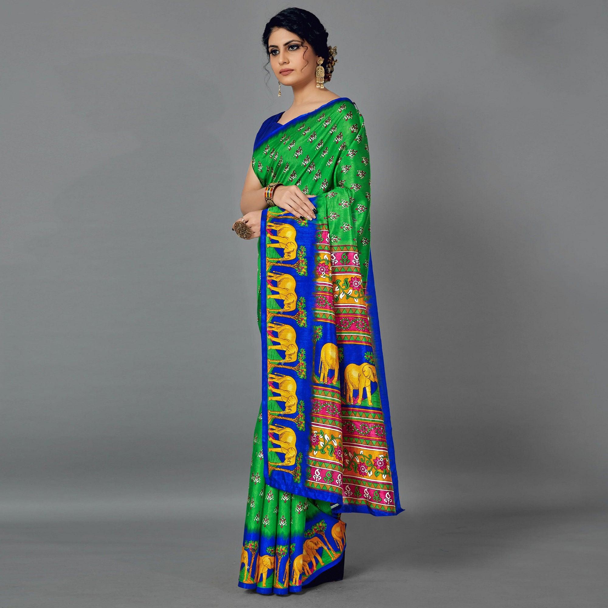Green Casual Art Silk Printed Saree With Unstitched Blouse - Peachmode