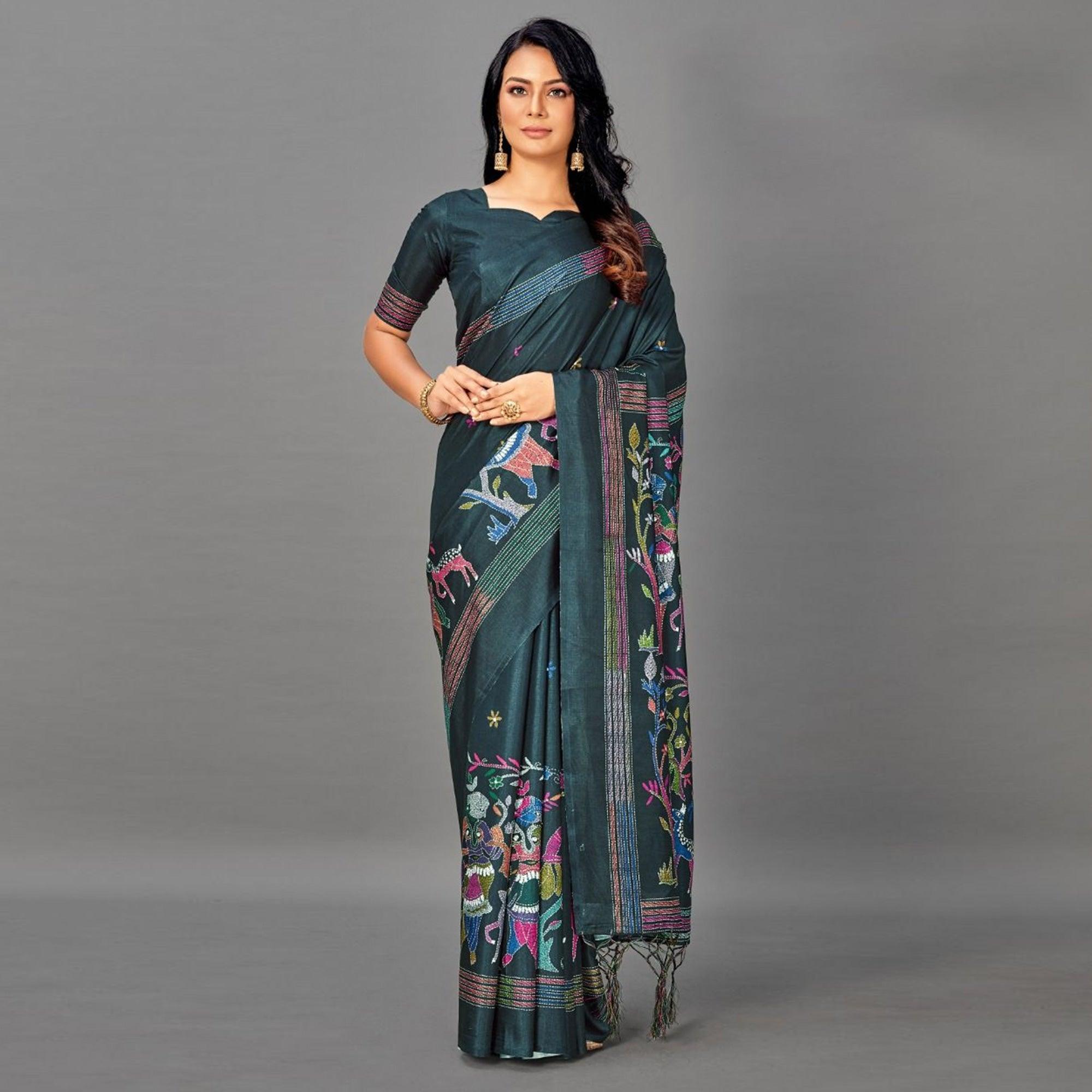 Green Casual Art Silk Printed Saree With Unstitched Blouse - Peachmode