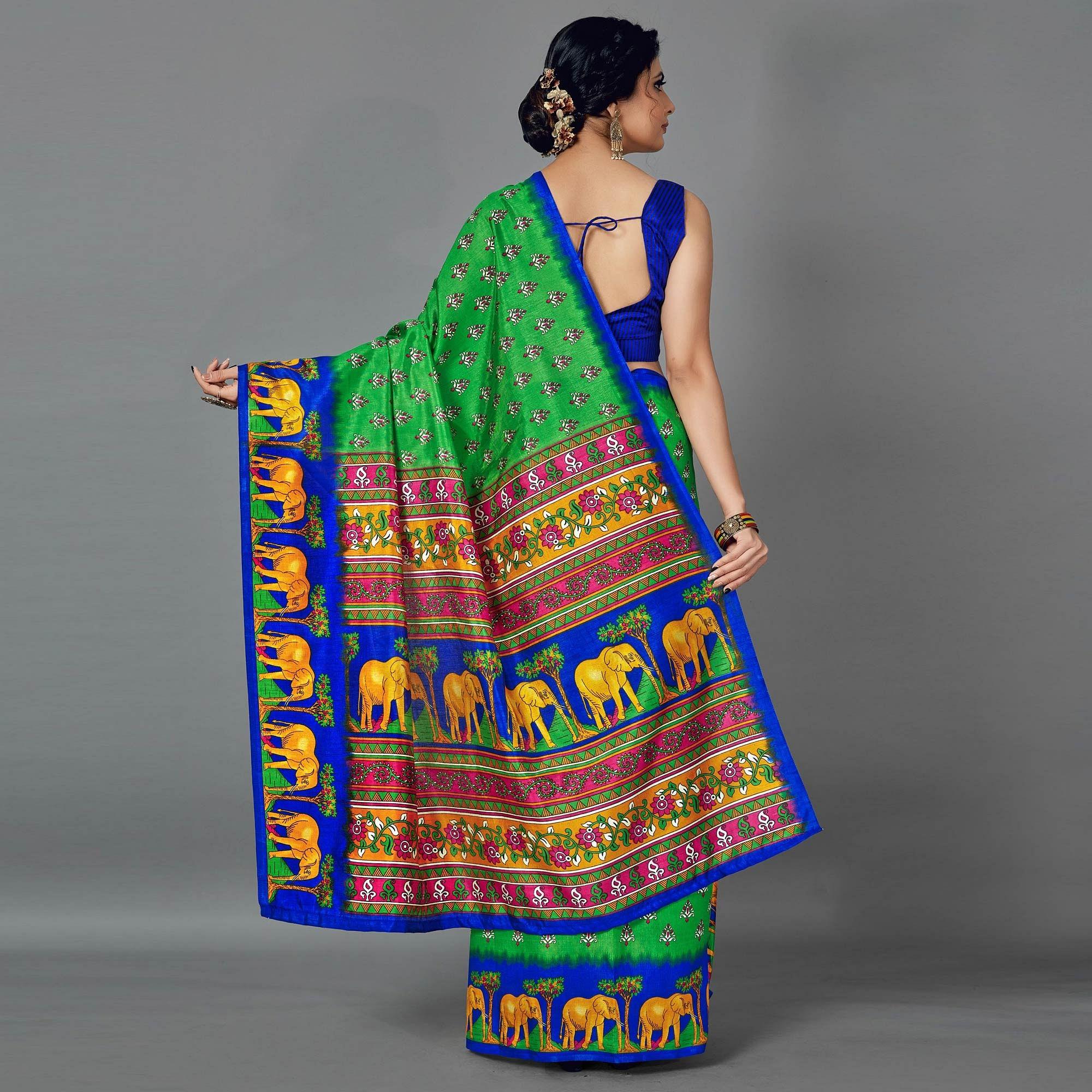 Green Casual Art Silk Printed Saree With Unstitched Blouse - Peachmode