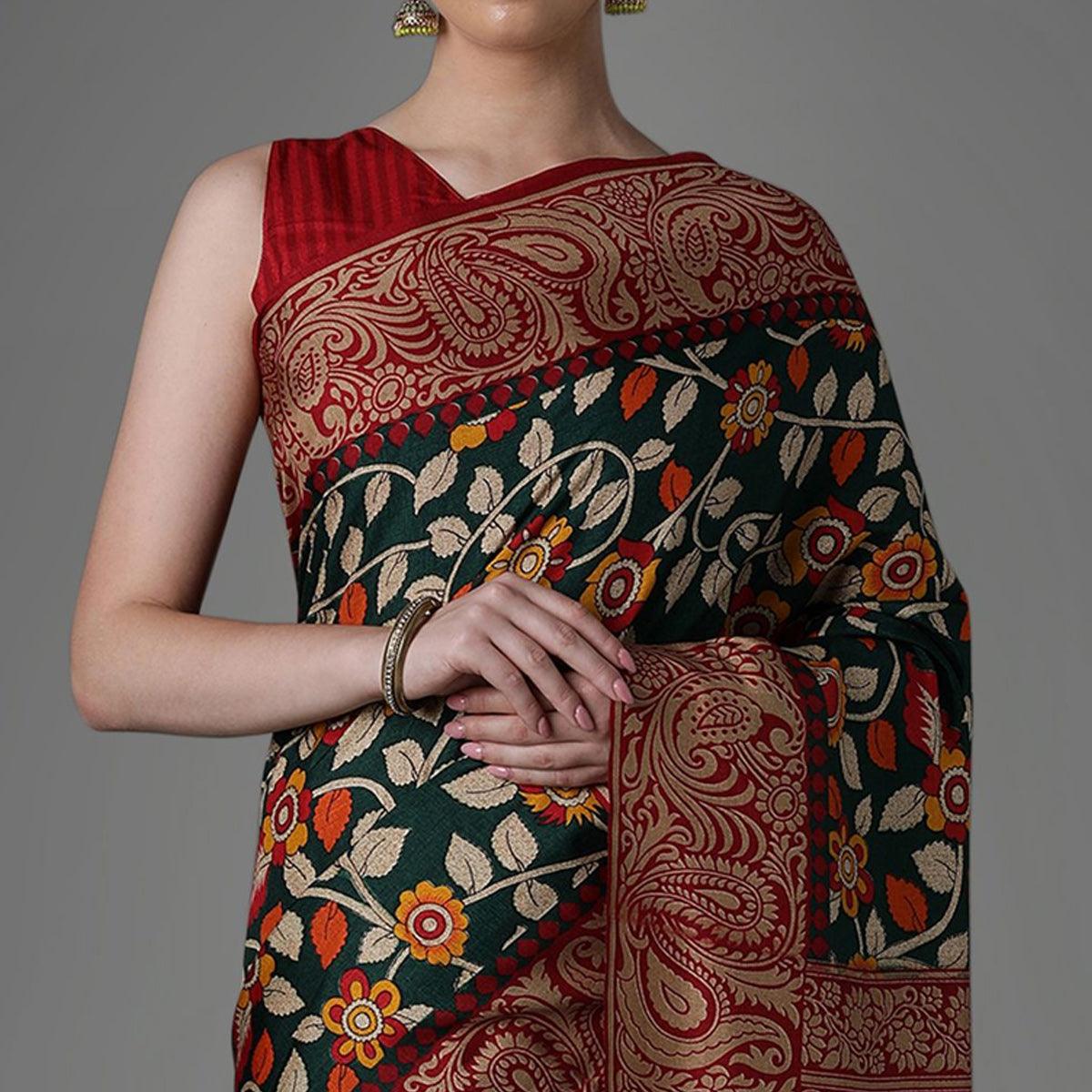 Green Casual Art Silk Printed Saree With Unstitched Blouse - Peachmode