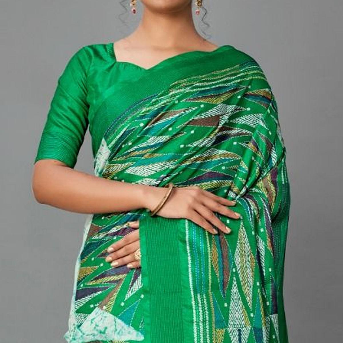 Green Casual Art Silk Printed Saree With Unstitched Blouse - Peachmode