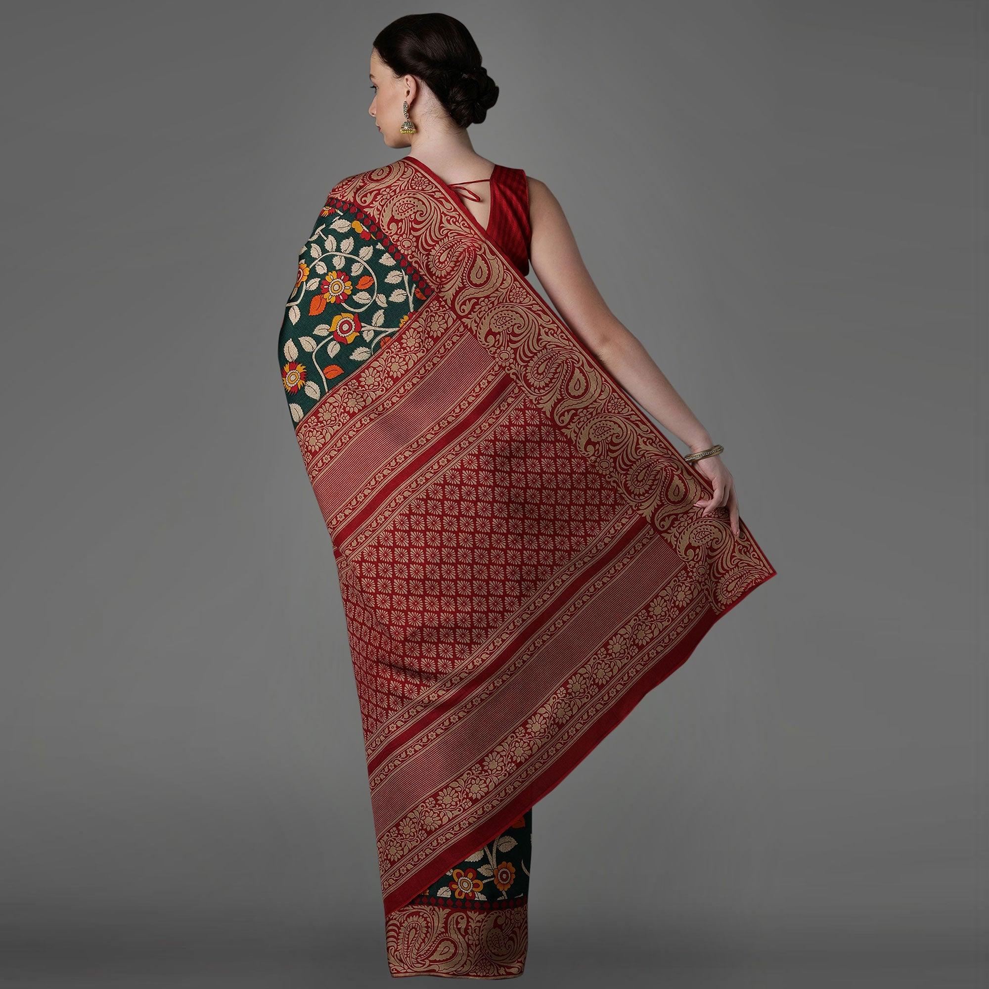 Green Casual Art Silk Printed Saree With Unstitched Blouse - Peachmode