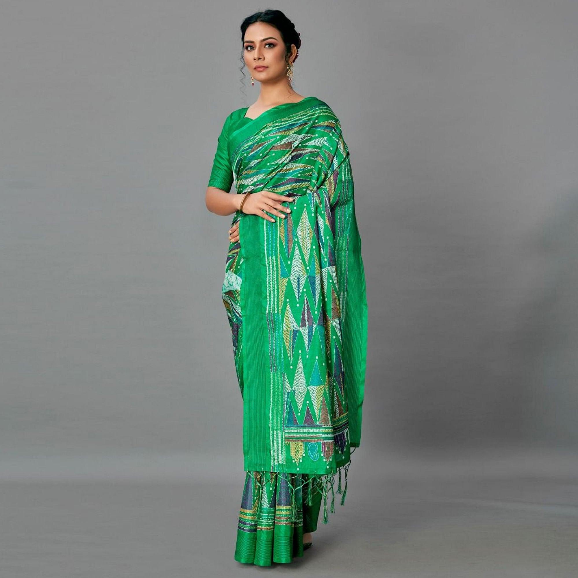 Green Casual Art Silk Printed Saree With Unstitched Blouse - Peachmode