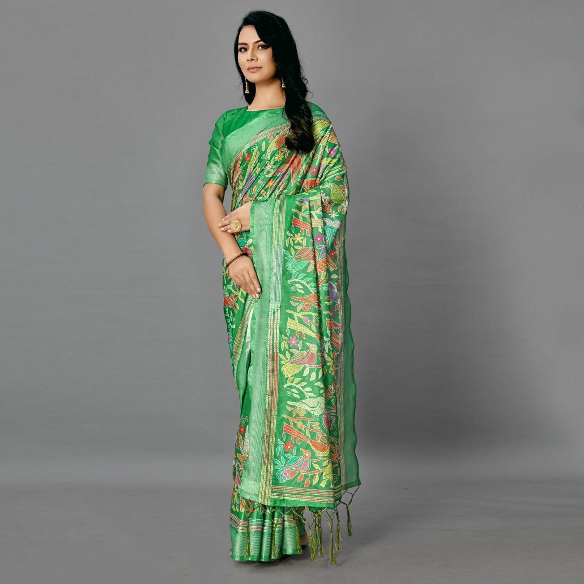 Green Casual Art Silk Printed Saree With Unstitched Blouse - Peachmode
