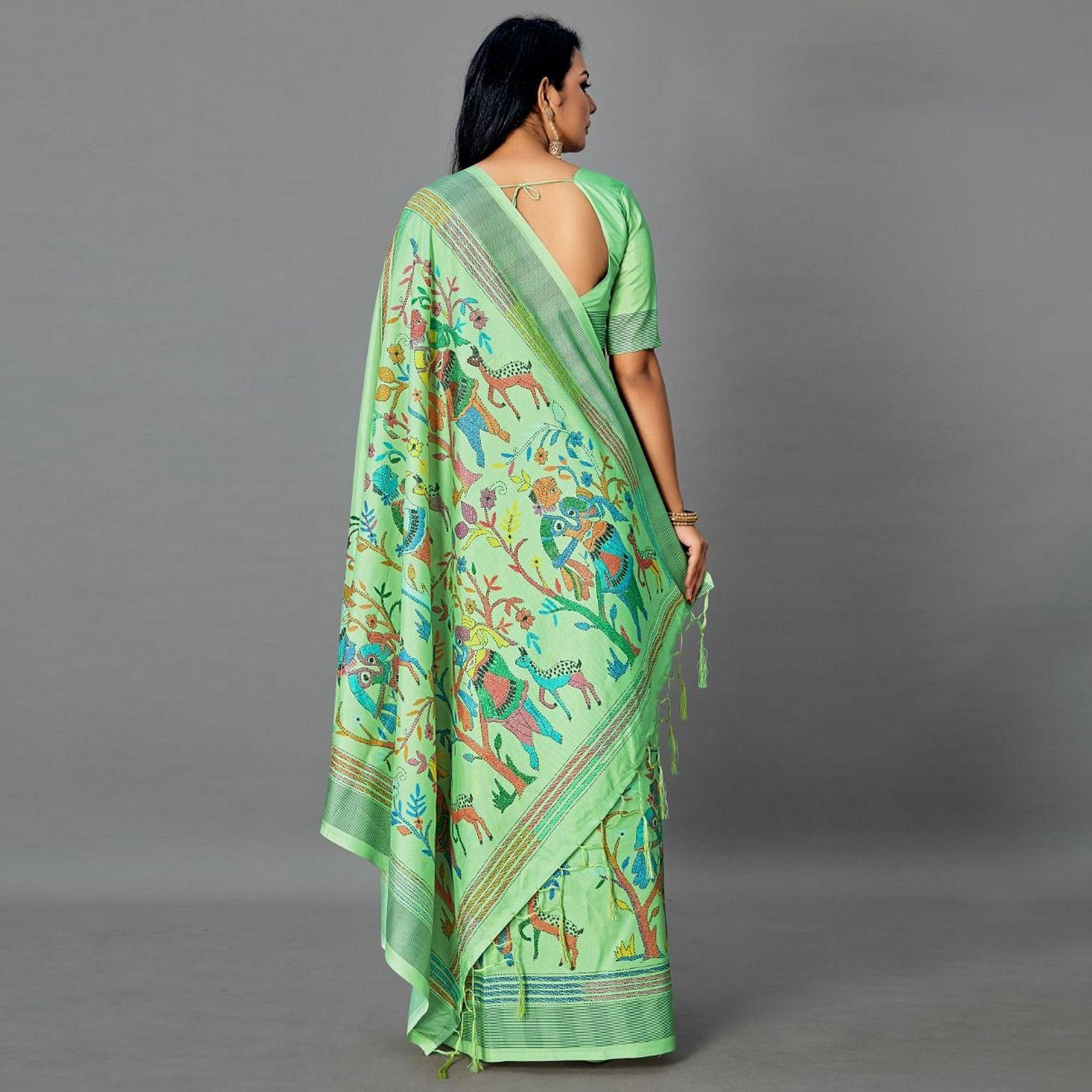 Green Casual Art Silk Printed Saree With Unstitched Blouse - Peachmode