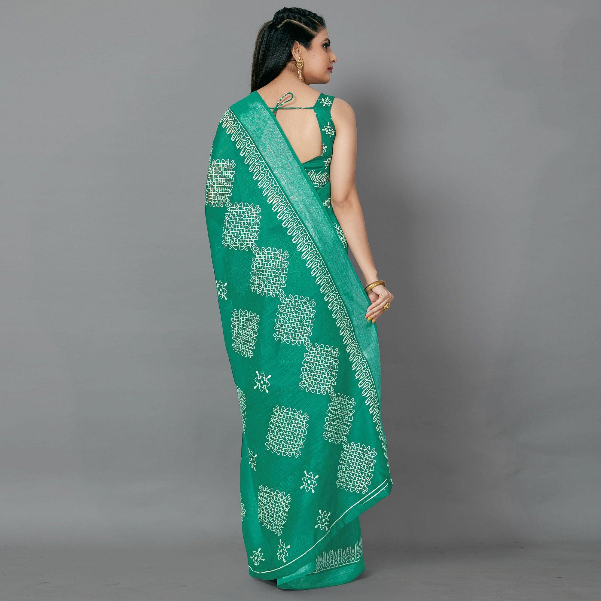 Green Casual Cotton Printed Saree With Unstitched Blouse - Peachmode