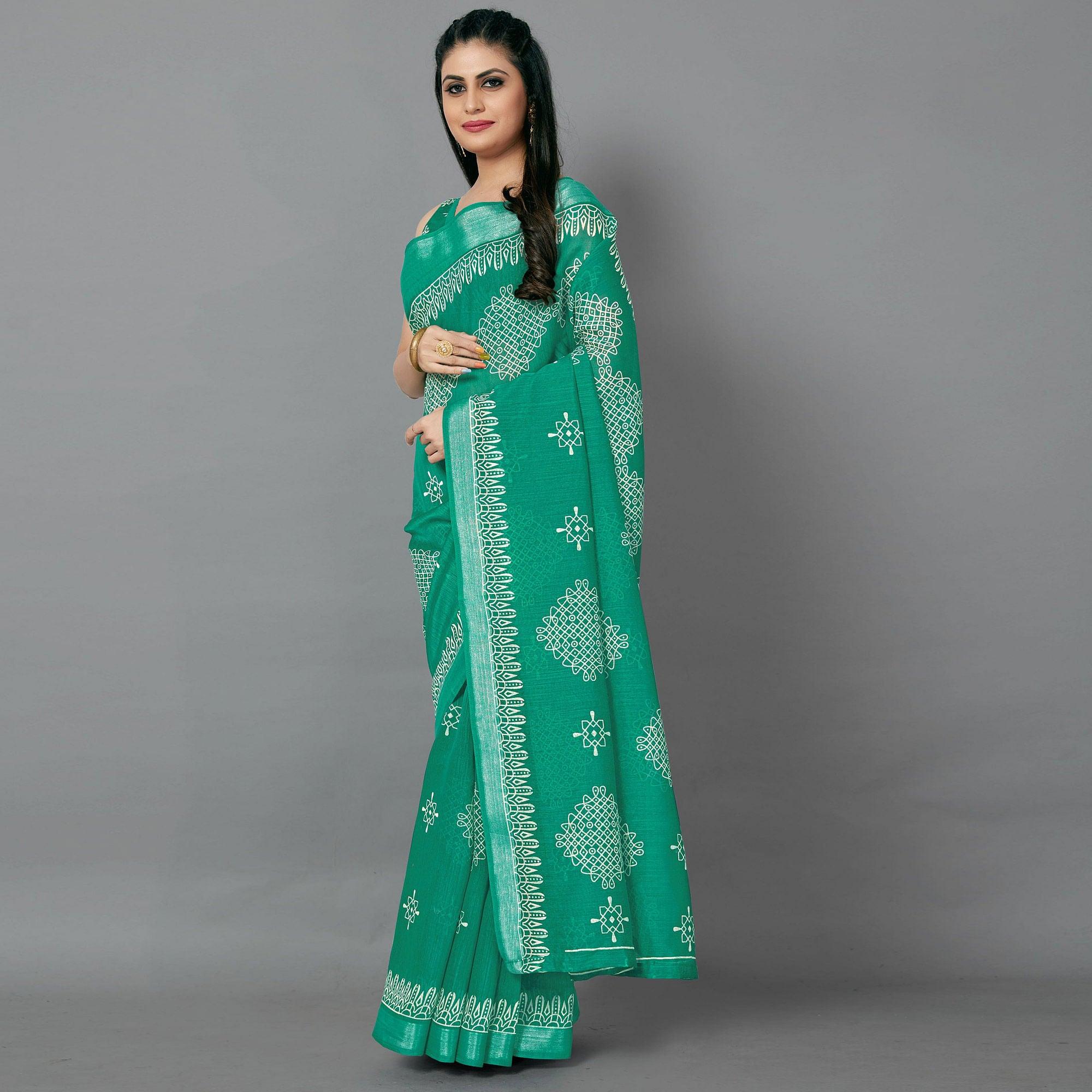 Green Casual Cotton Printed Saree With Unstitched Blouse - Peachmode
