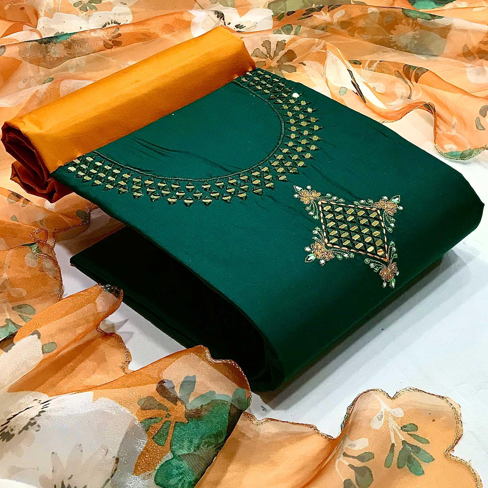 Green Casual Embroidered Thread & Mirror Work Cotton Dress Material - Peachmode