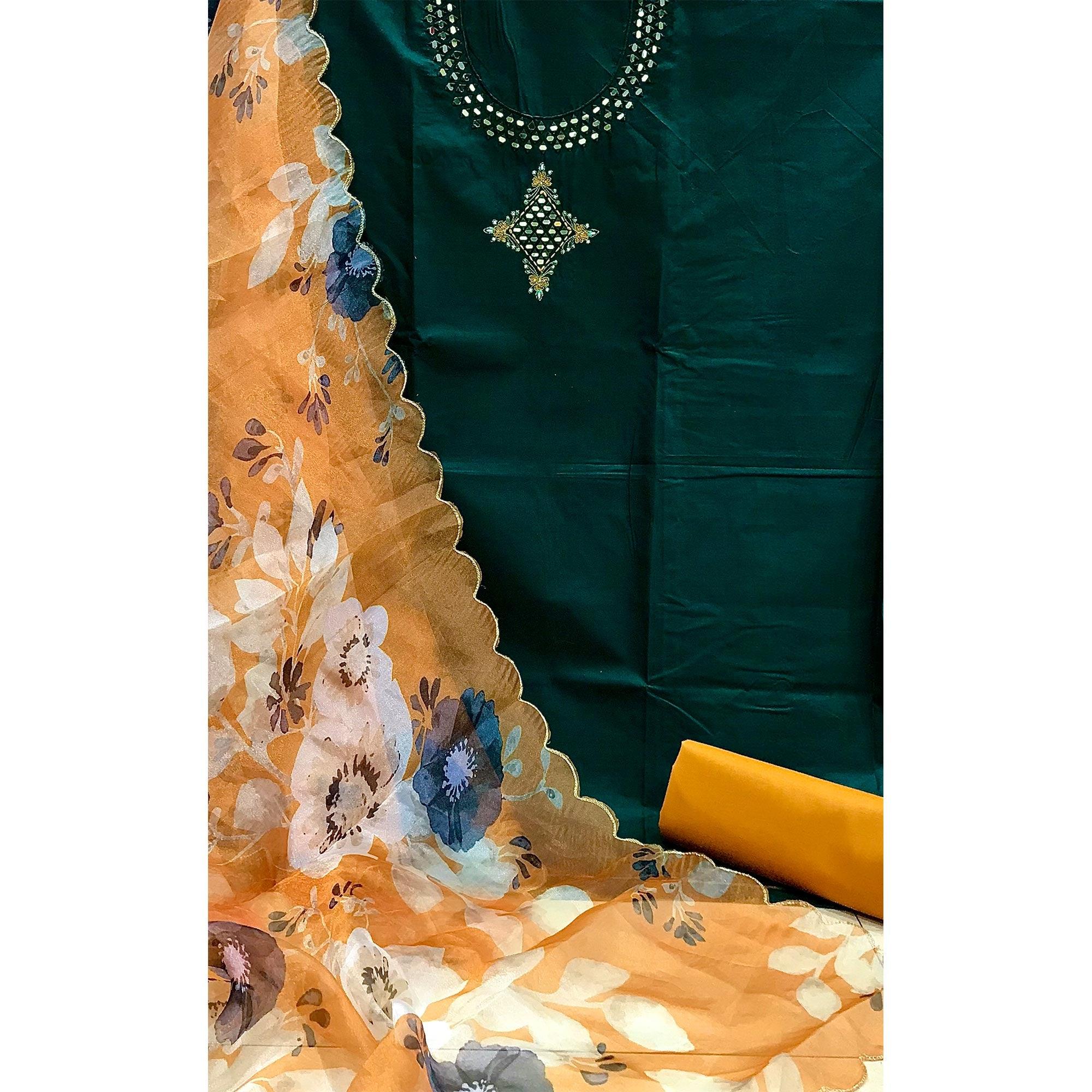 Green Casual Embroidered Thread & Mirror Work Cotton Dress Material - Peachmode