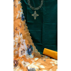 Green Casual Embroidered Thread & Mirror Work Cotton Dress Material - Peachmode