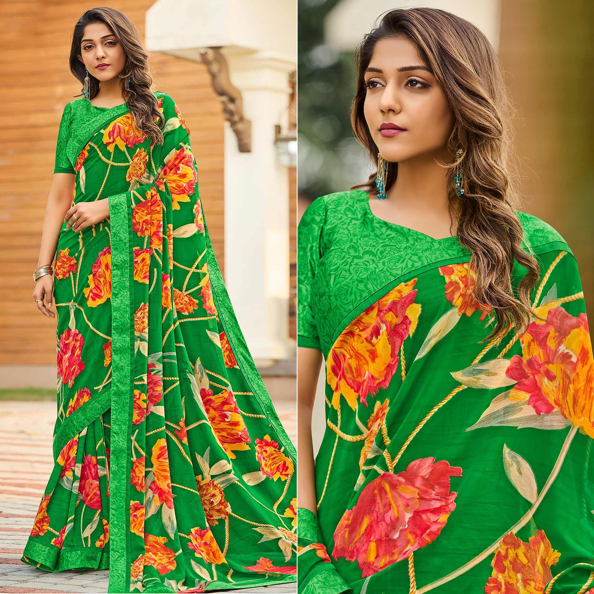 Green Casual Floral Printed Georgette Saree - Peachmode