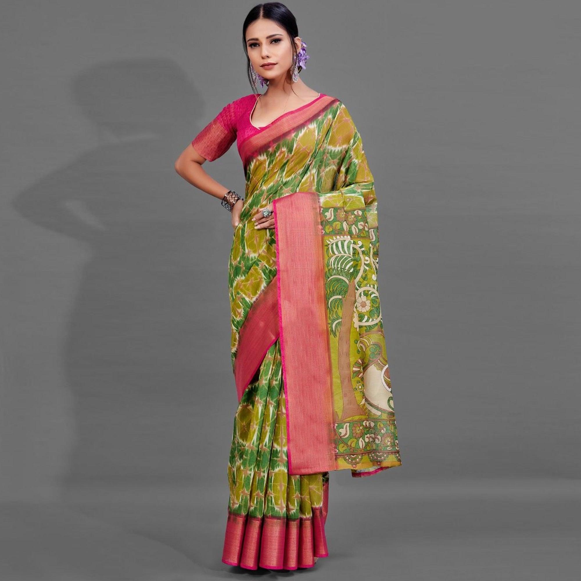 Green Casual Linen Printed Saree With Unstitched Blouse - Peachmode