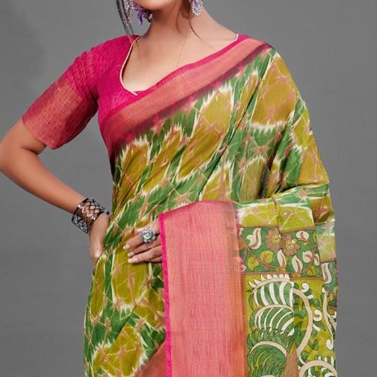 Green Casual Linen Printed Saree With Unstitched Blouse - Peachmode