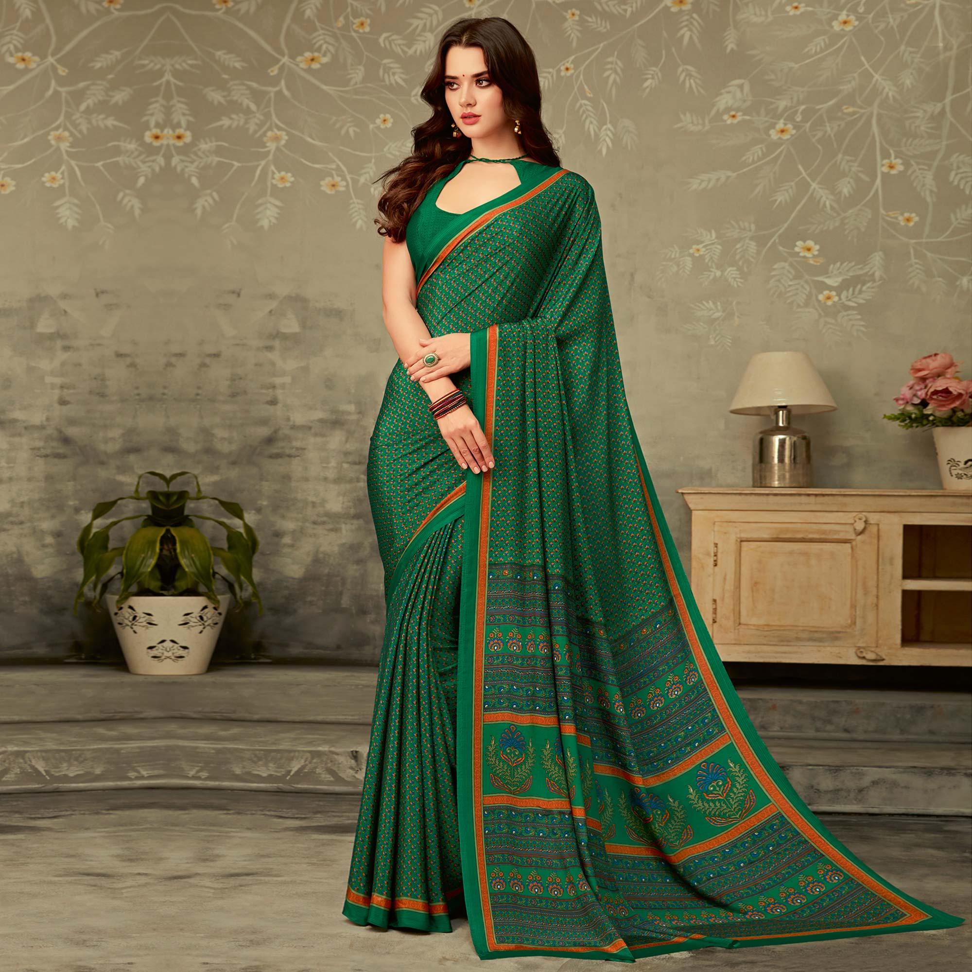 Green Casual Printed Crepe Saree - Peachmode
