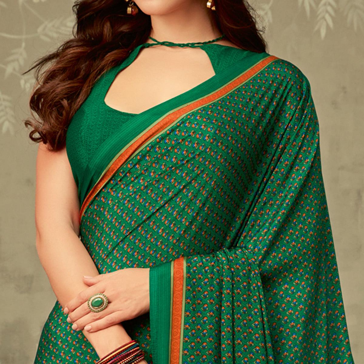 Green Casual Printed Crepe Saree - Peachmode