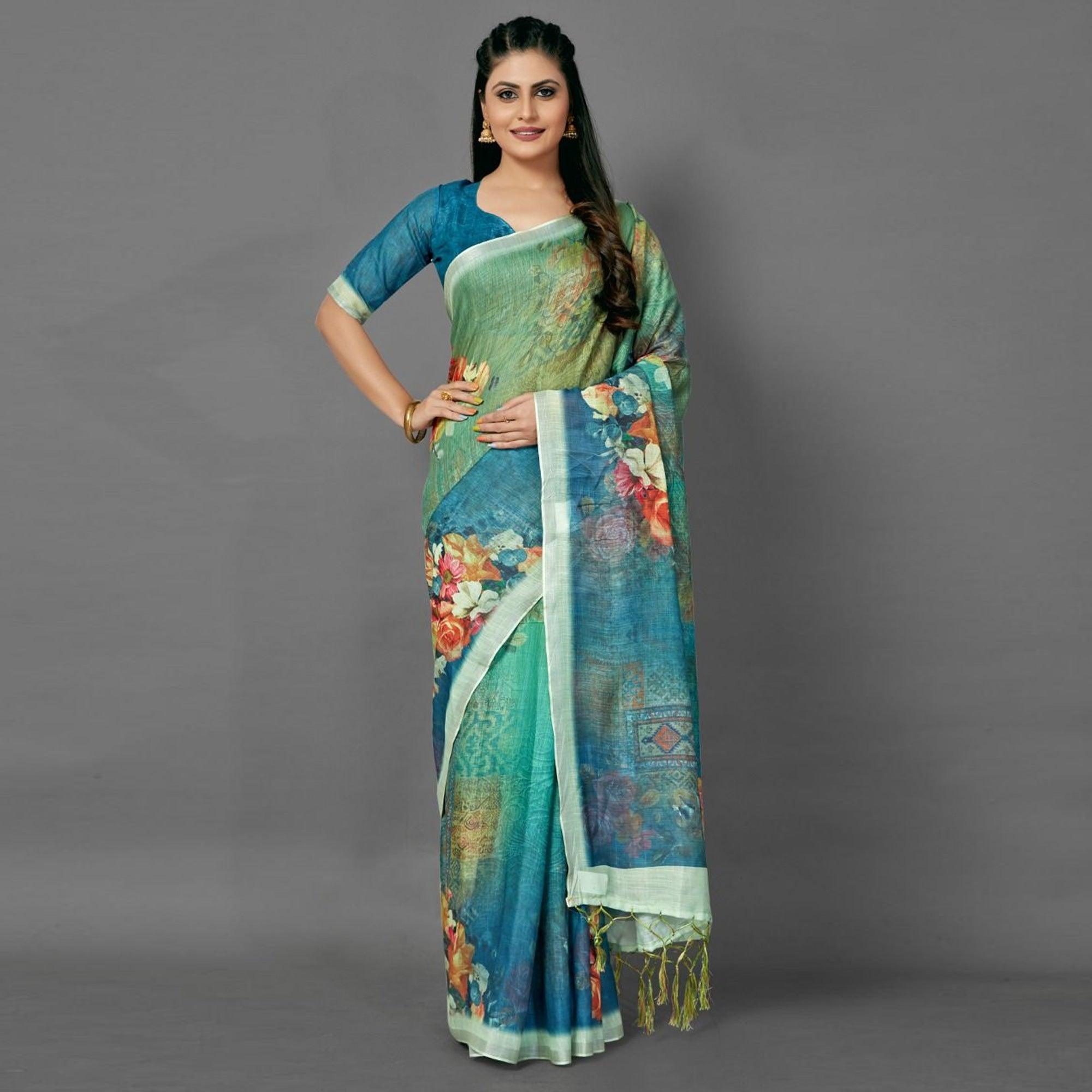 Green Casual Pure Linen Digital Print Saree With Unstitched Blouse - Peachmode