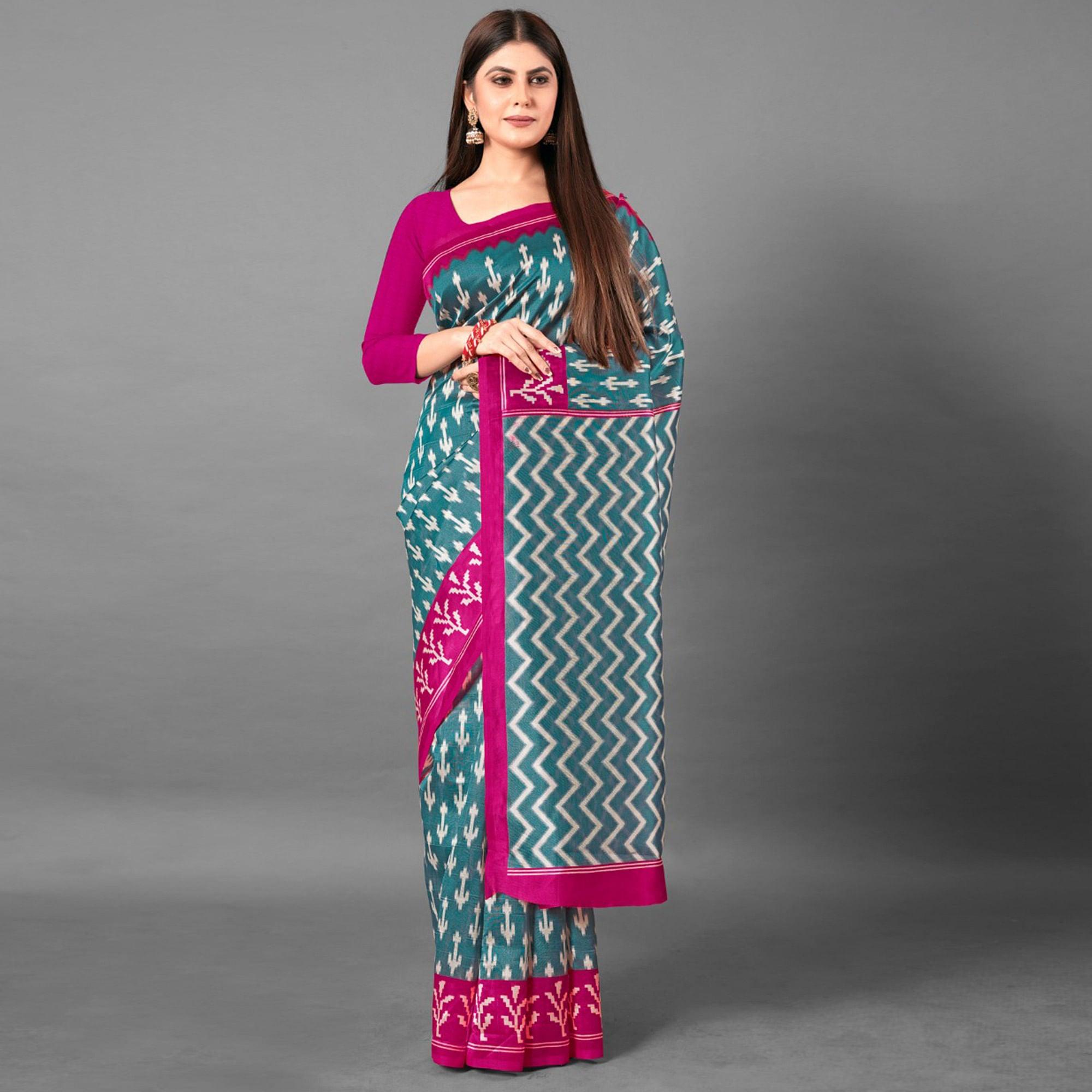 Green Casual Wear Abstract Art Silk Saree - Peachmode