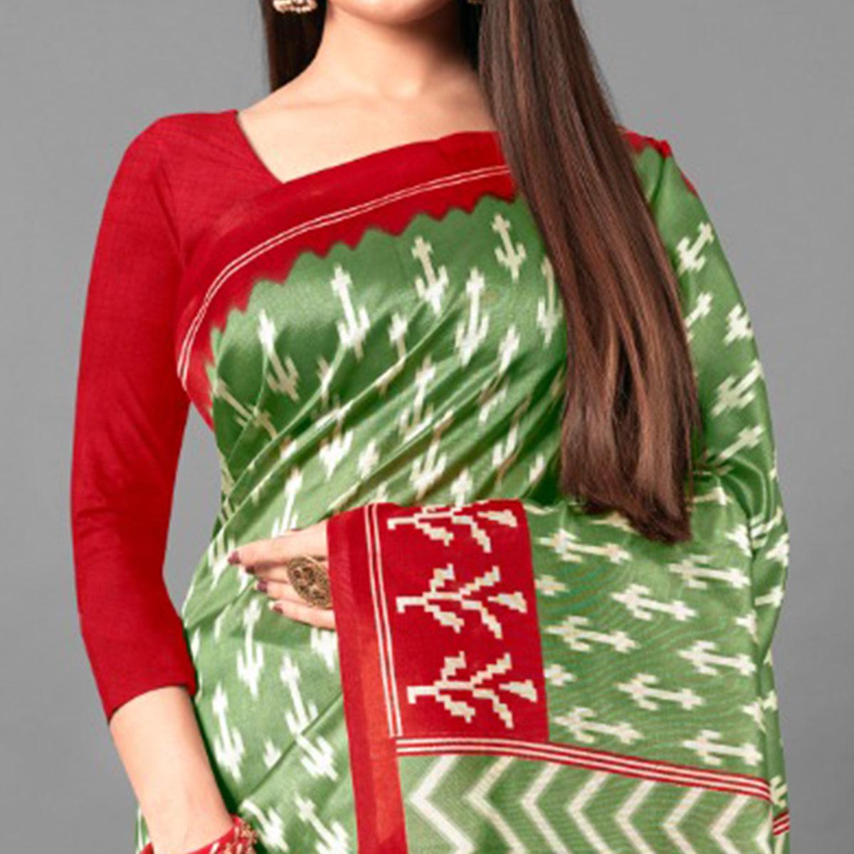 Green Casual Wear Abstract Art Silk Saree - Peachmode