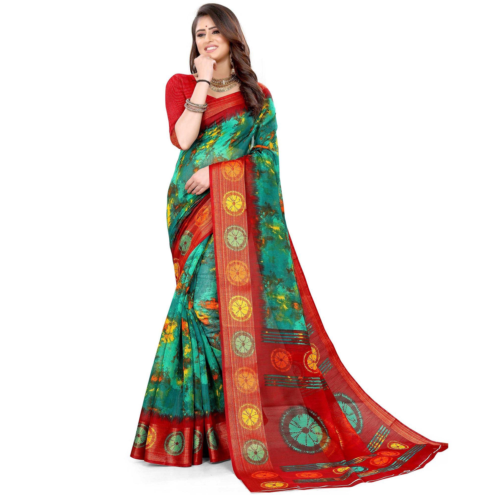 Green Casual Wear Abstract Printed Cotton Linen Saree - Peachmode