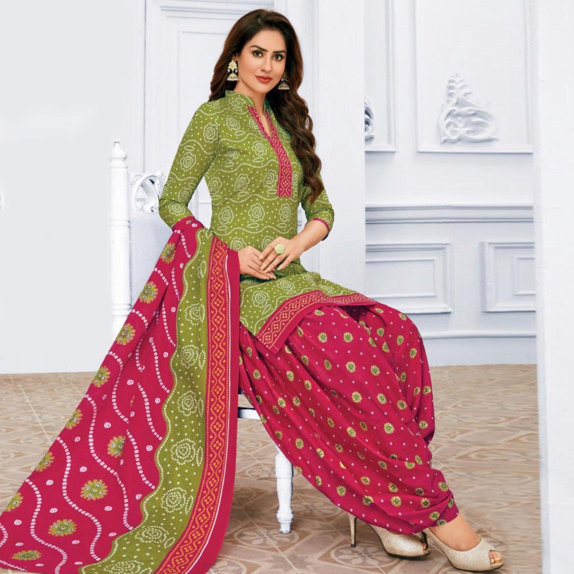 Green Casual Wear Bandhani Batik Printed Cotton Patiala Dress Material - Peachmode