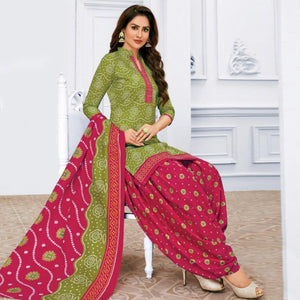 Green Casual Wear Bandhani Batik Printed Cotton Patiala Dress Material - Peachmode