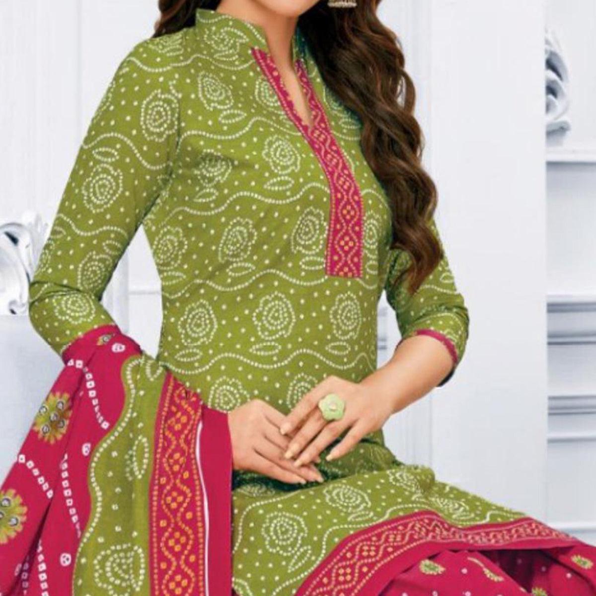 Green Casual Wear Bandhani Batik Printed Cotton Patiala Dress Material - Peachmode