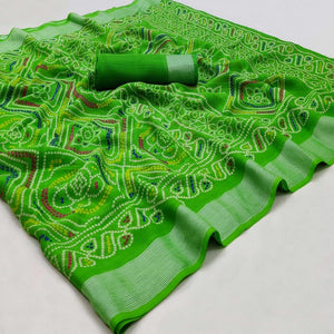 Green Casual Wear Bandhani Printed Chiffon Saree - Peachmode