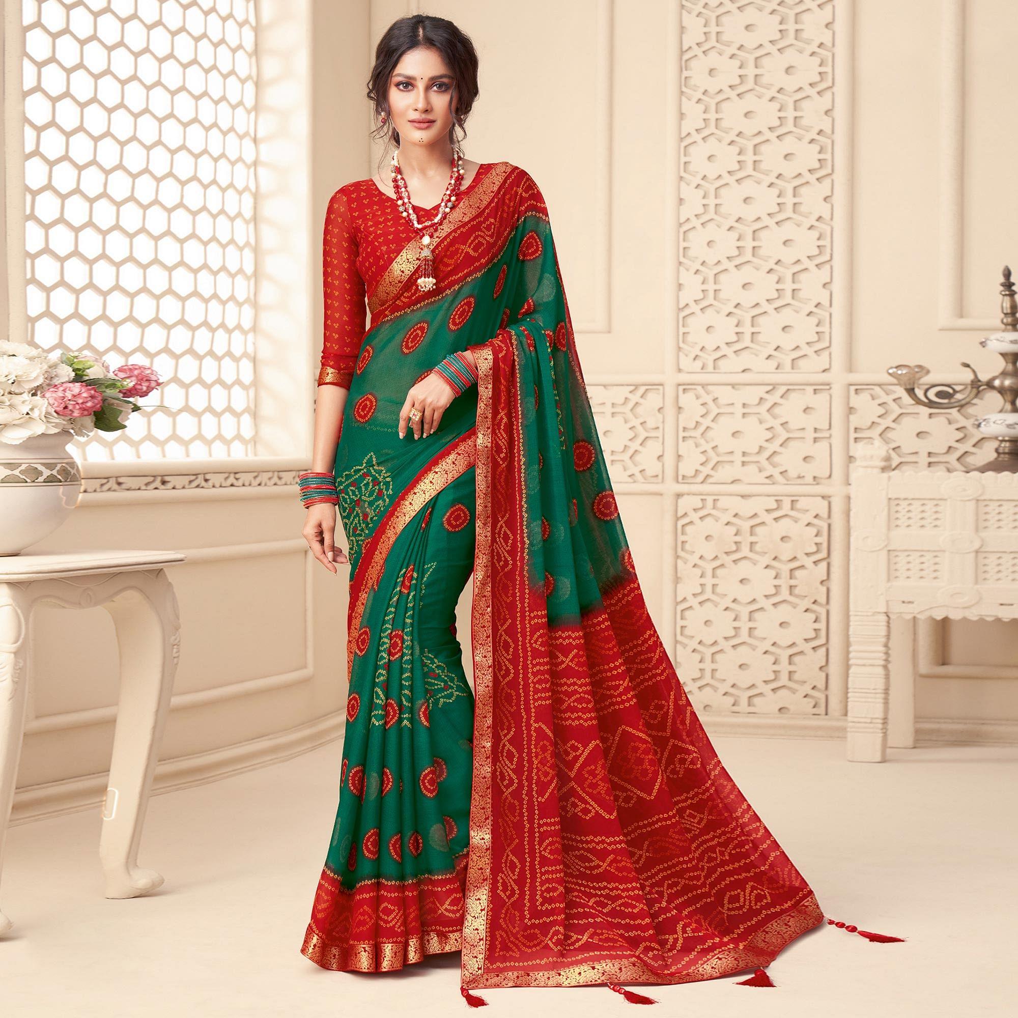 Green Casual Wear Bandhani Printed Chiffon Saree With Tassels - Peachmode