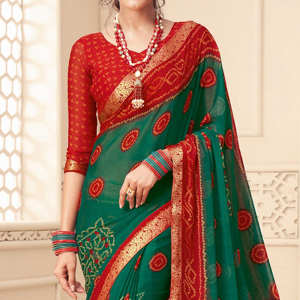 Green Casual Wear Bandhani Printed Chiffon Saree With Tassels - Peachmode
