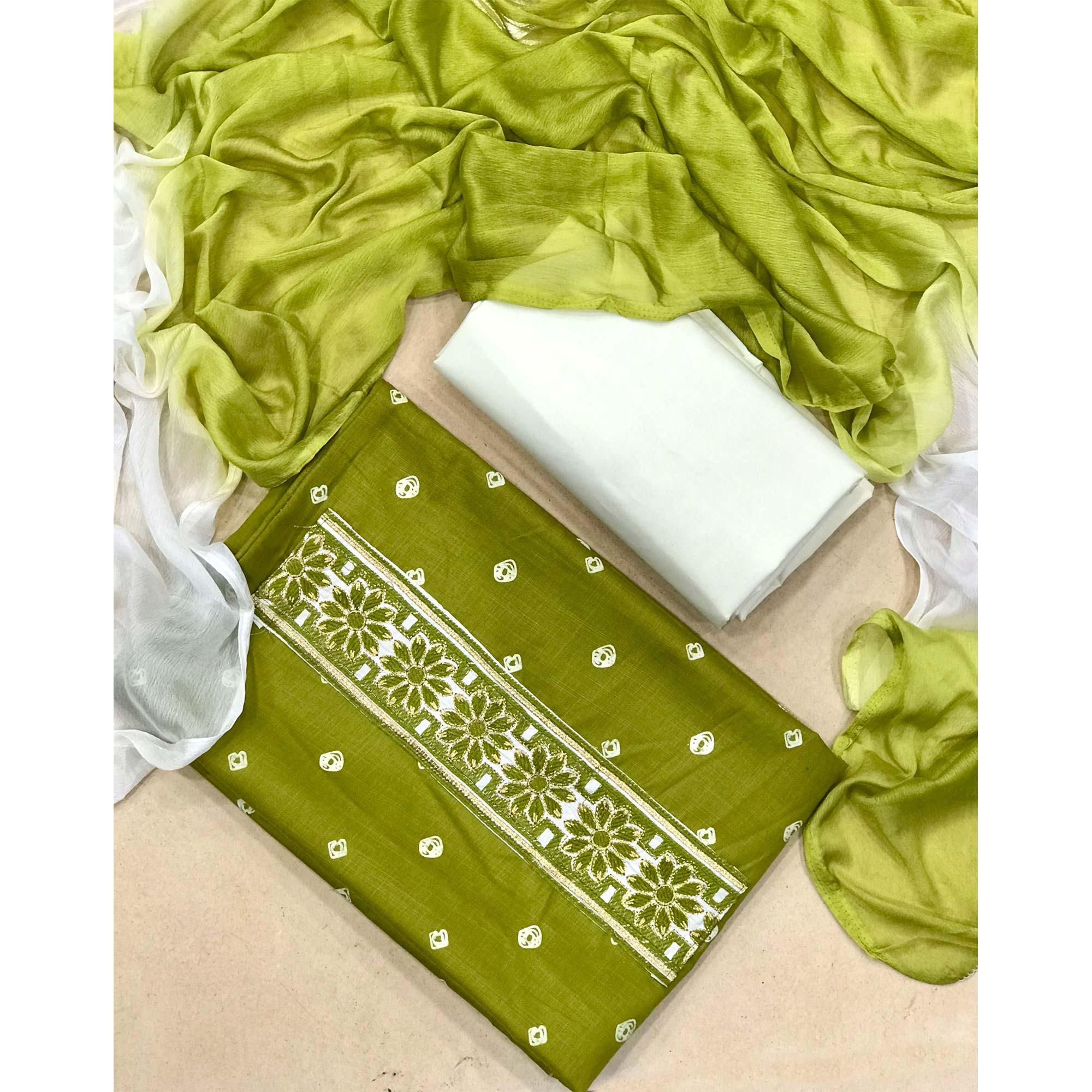 Green Casual Wear Bandhani Printed Cotton Dress Material - Peachmode