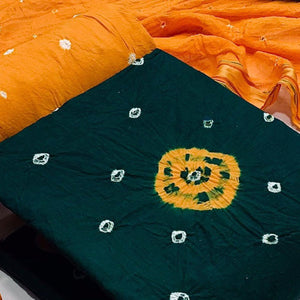 Green Casual Wear Bandhani Printed Pure Cotton Dress Material - Peachmode
