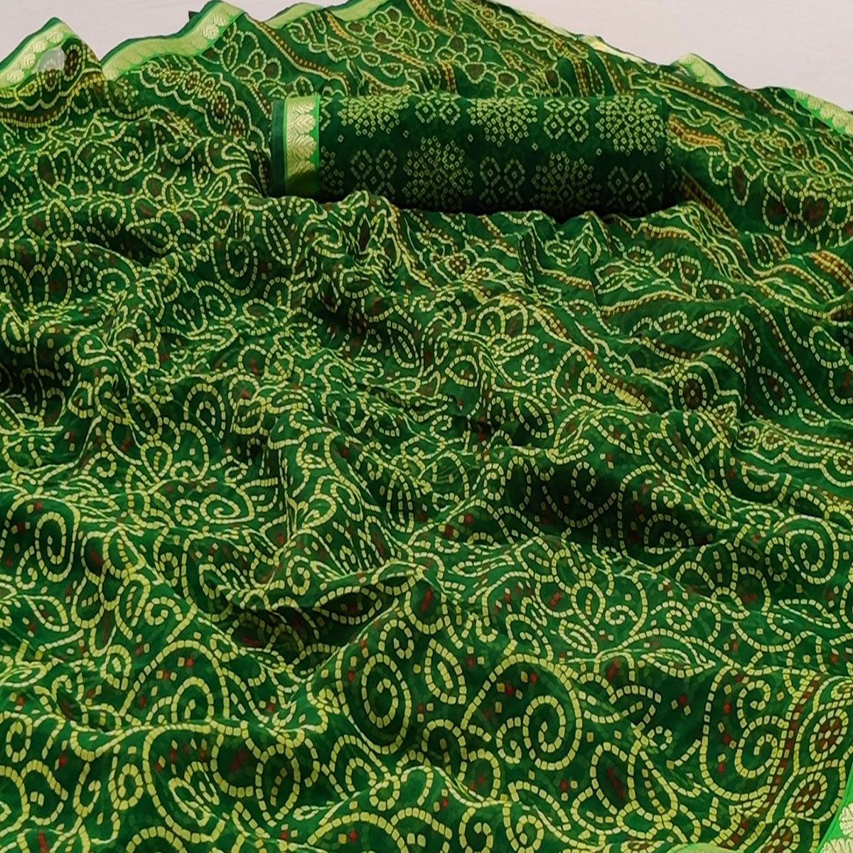 Green Casual Wear Bandhani Printed Soft Georgette Saree With Fancy Border - Peachmode