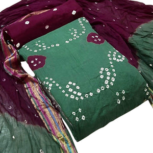Green Casual Wear Bandhej And Woven Pure Cotton Dress Material - Peachmode