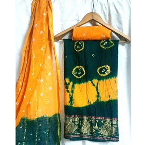 Green Casual Wear Bandhej And Woven Pure Cotton Dress Material - Peachmode