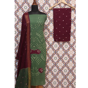 Green Casual Wear Bandhej And Woven Pure Cotton Dress Material - Peachmode