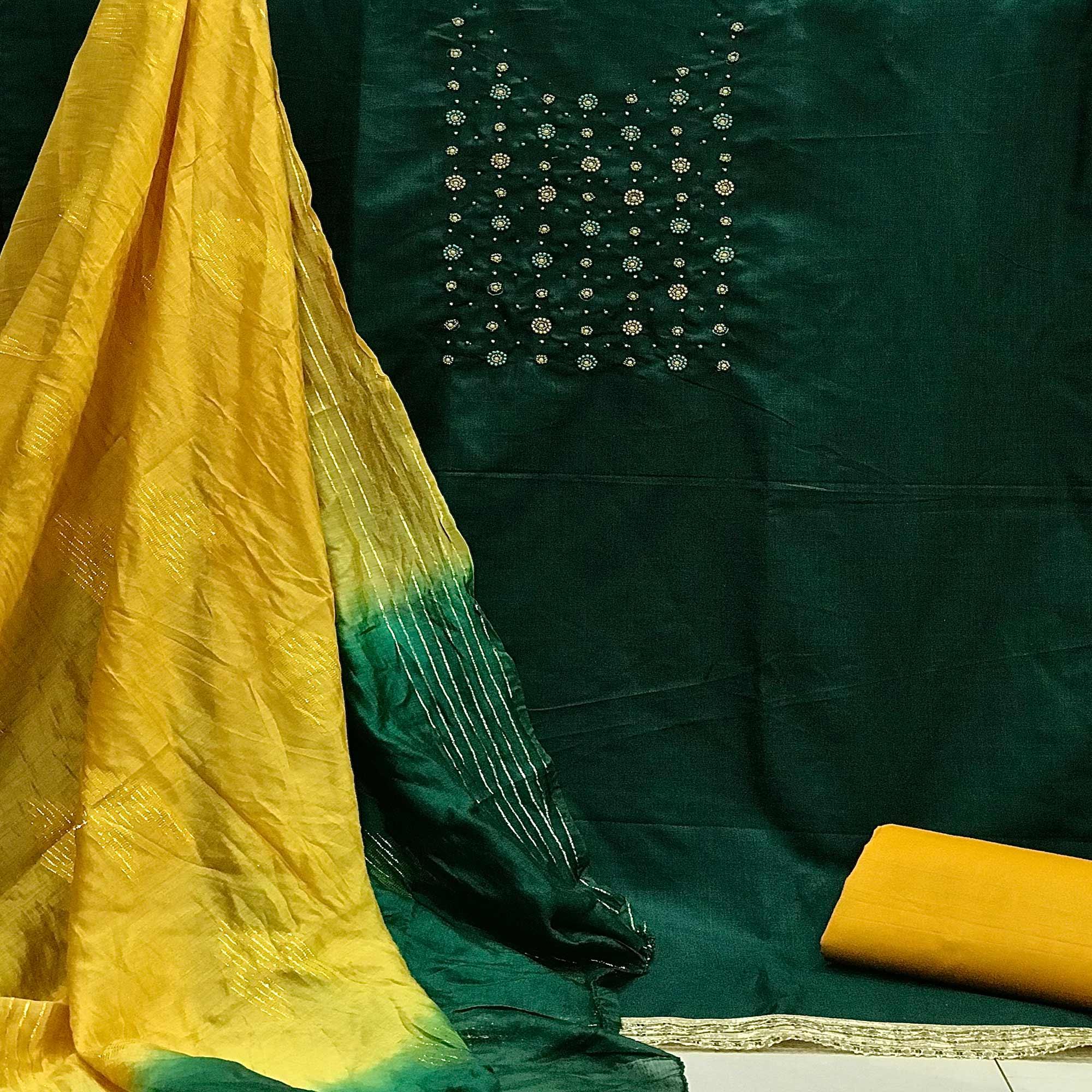 Green Casual Wear Beads Handwork Pure Cotton Dress Material - Peachmode